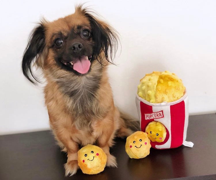 Popcorn dog toy featuring 3 popcorns to remove